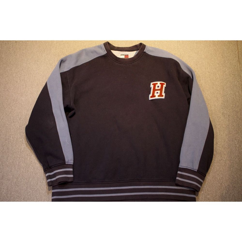 Vintage Tommy Hilfiger Embroidered Letterman Sweatshirt - Navy/Baby Blue/Red -
